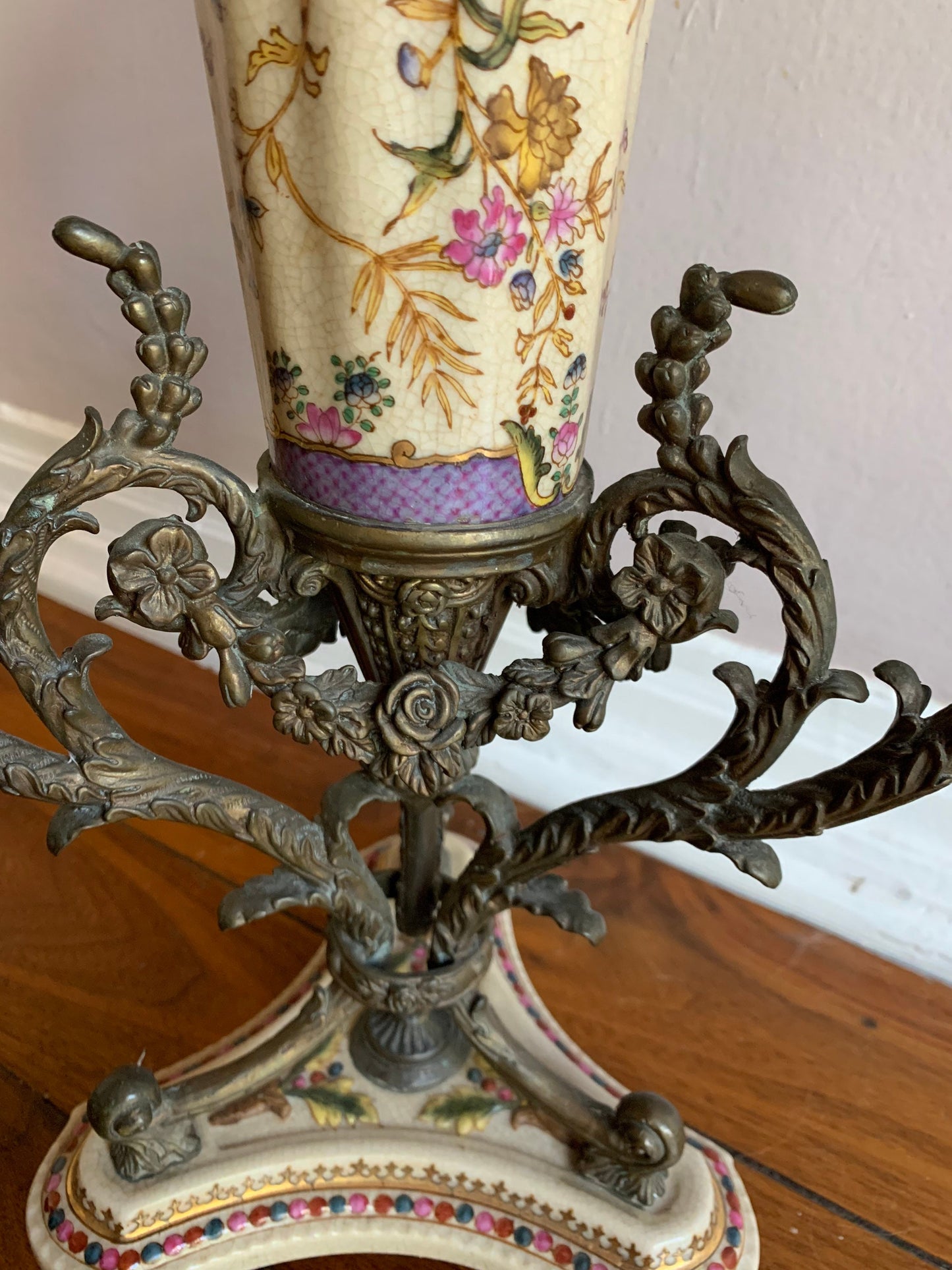 Vintage Brass and Porcelain 3 Candle Candelabra