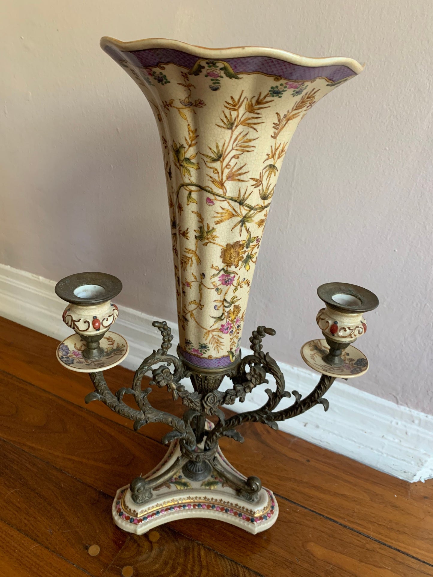 Vintage Brass and Porcelain 3 Candle Candelabra
