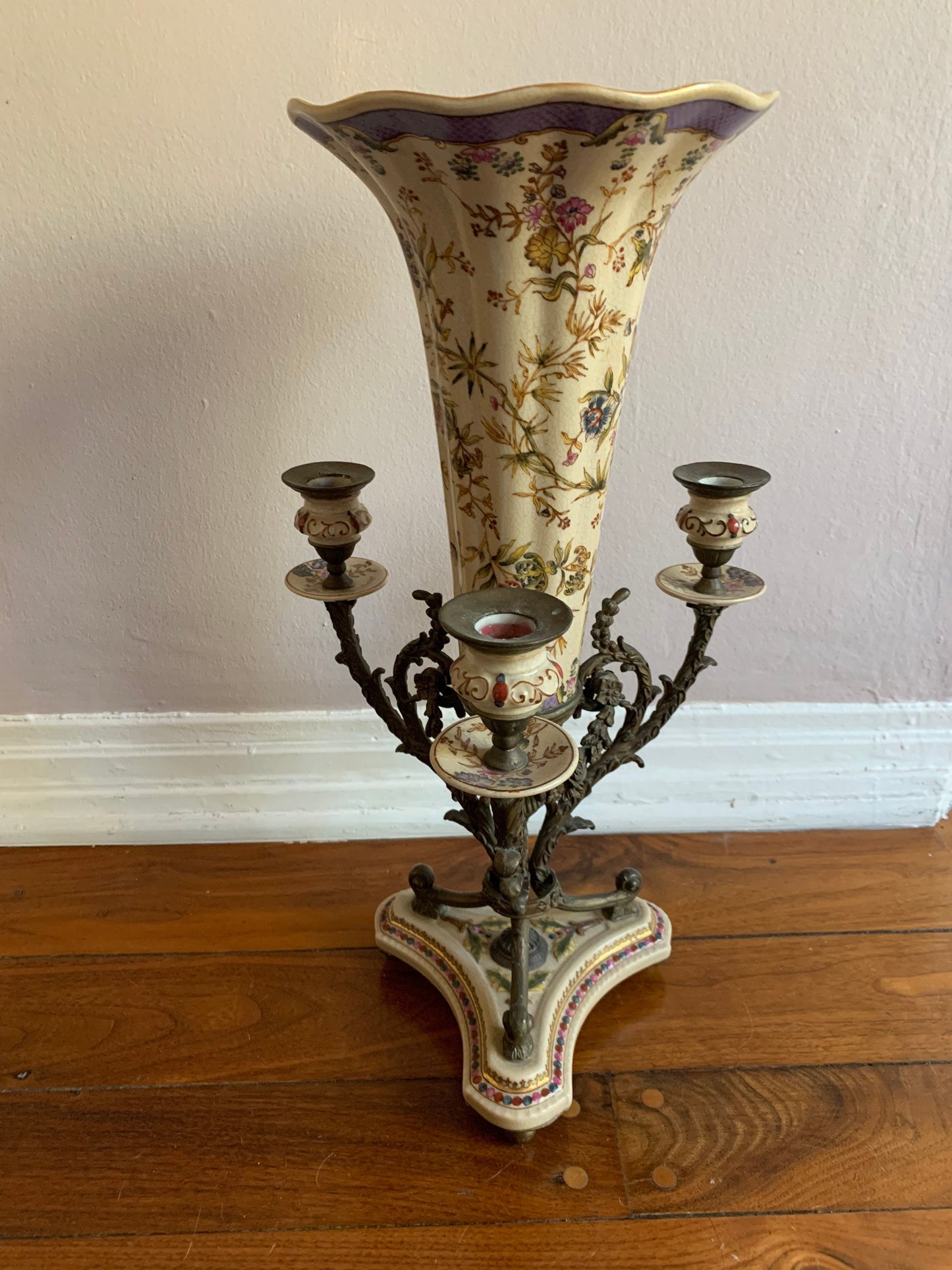 Vintage Brass and Porcelain 3 Candle Candelabra