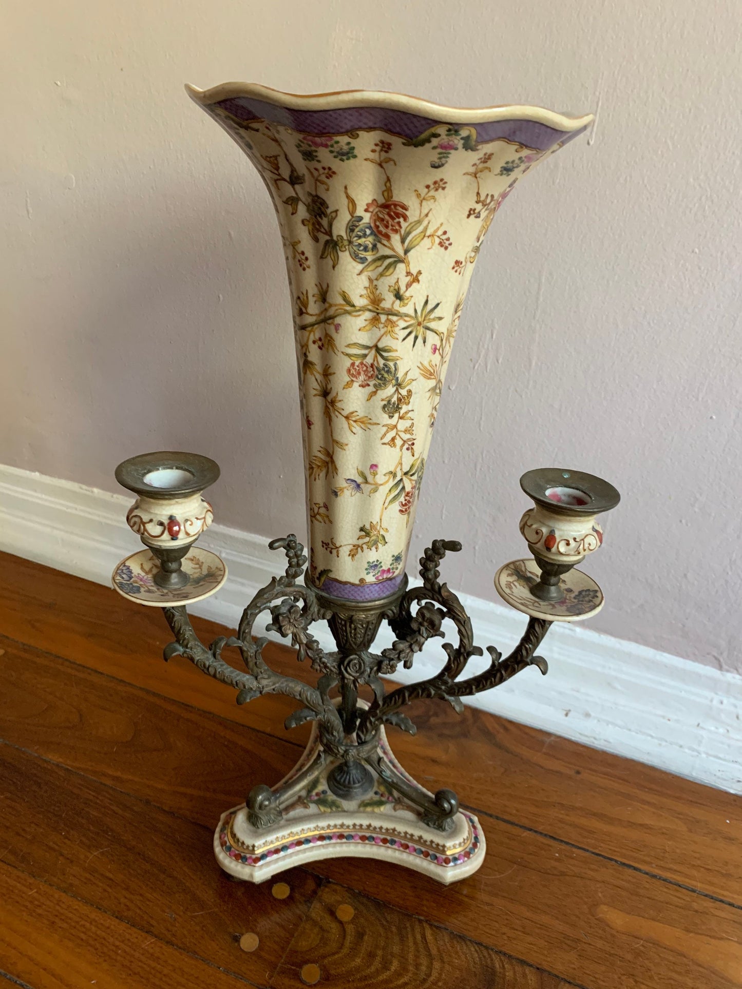 Vintage Brass and Porcelain 3 Candle Candelabra