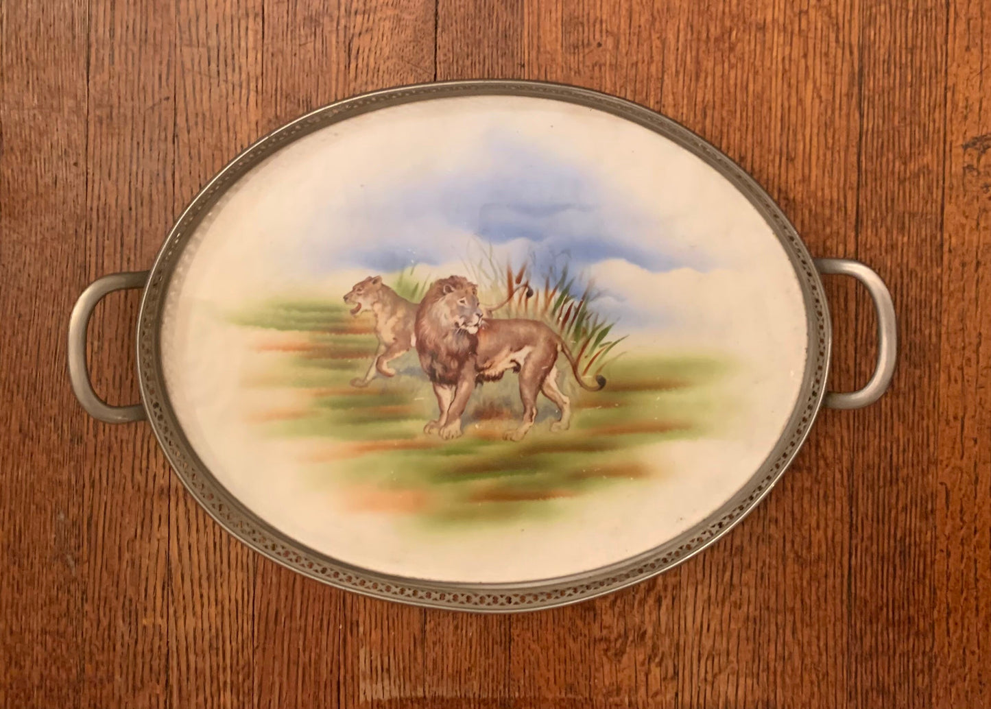 Vintage Oval Painted Porcelain Lion Tray