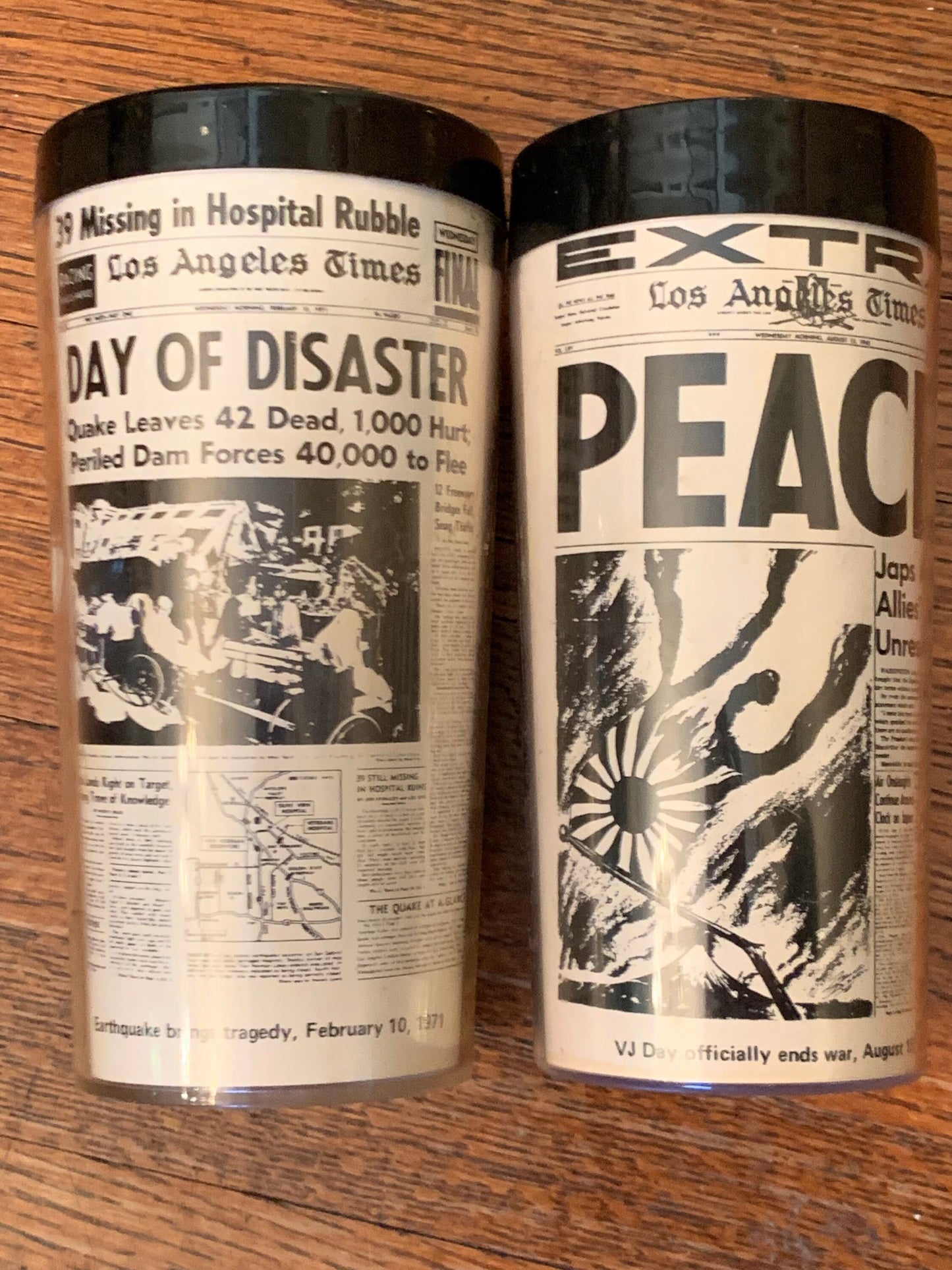 Old Newspaper Plastic Cups, Set of 2 - Peace and Disaster