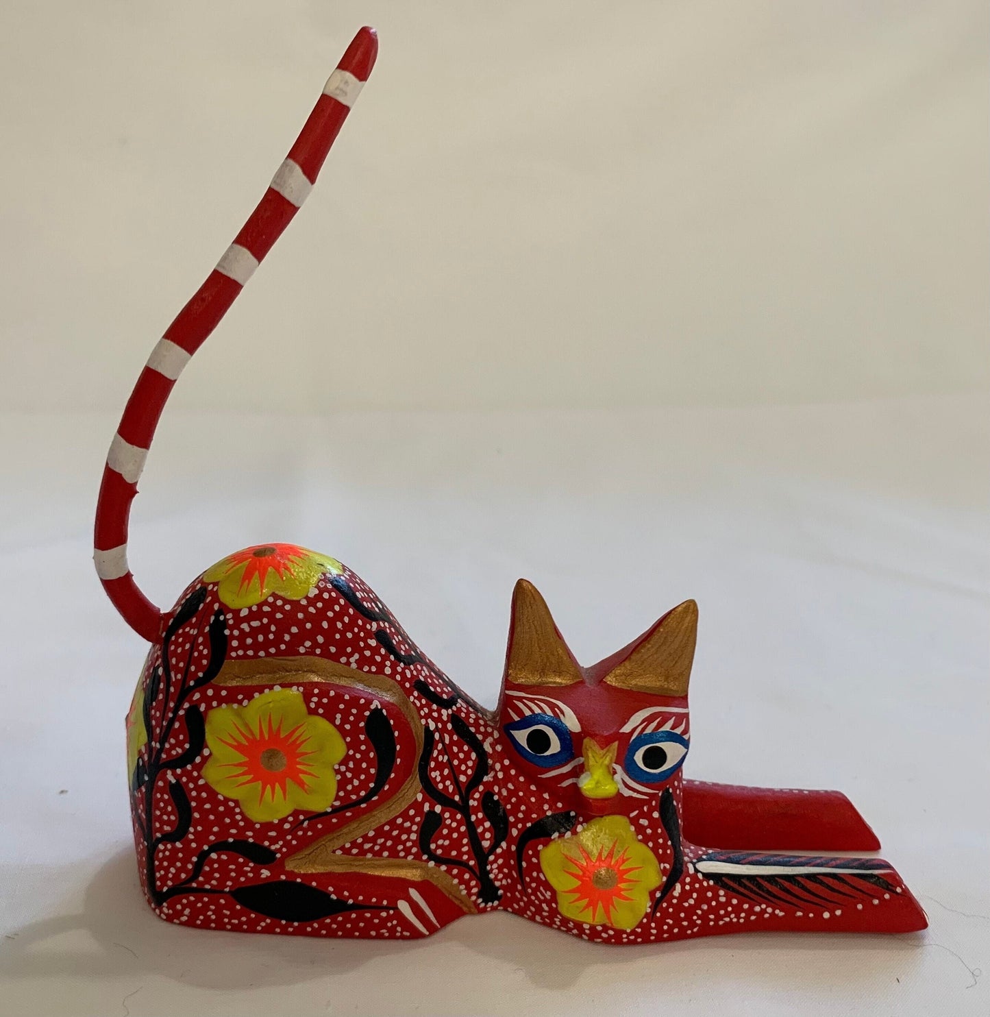 Vintage Mexican Painted Wood Cat Figurine