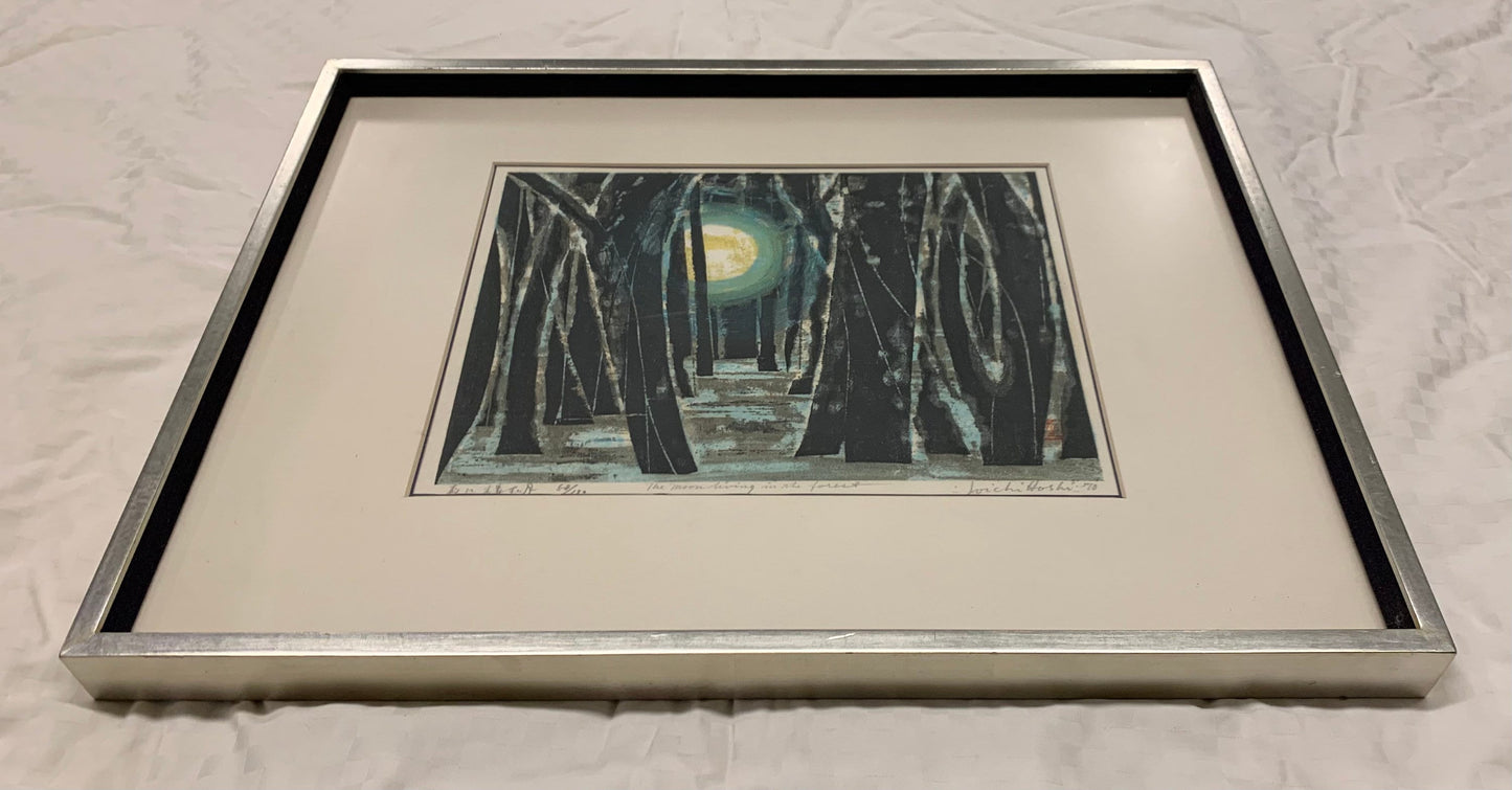 1970s Vintage Joichi Hoshi Color Woodblock in Stainless Steel Frame