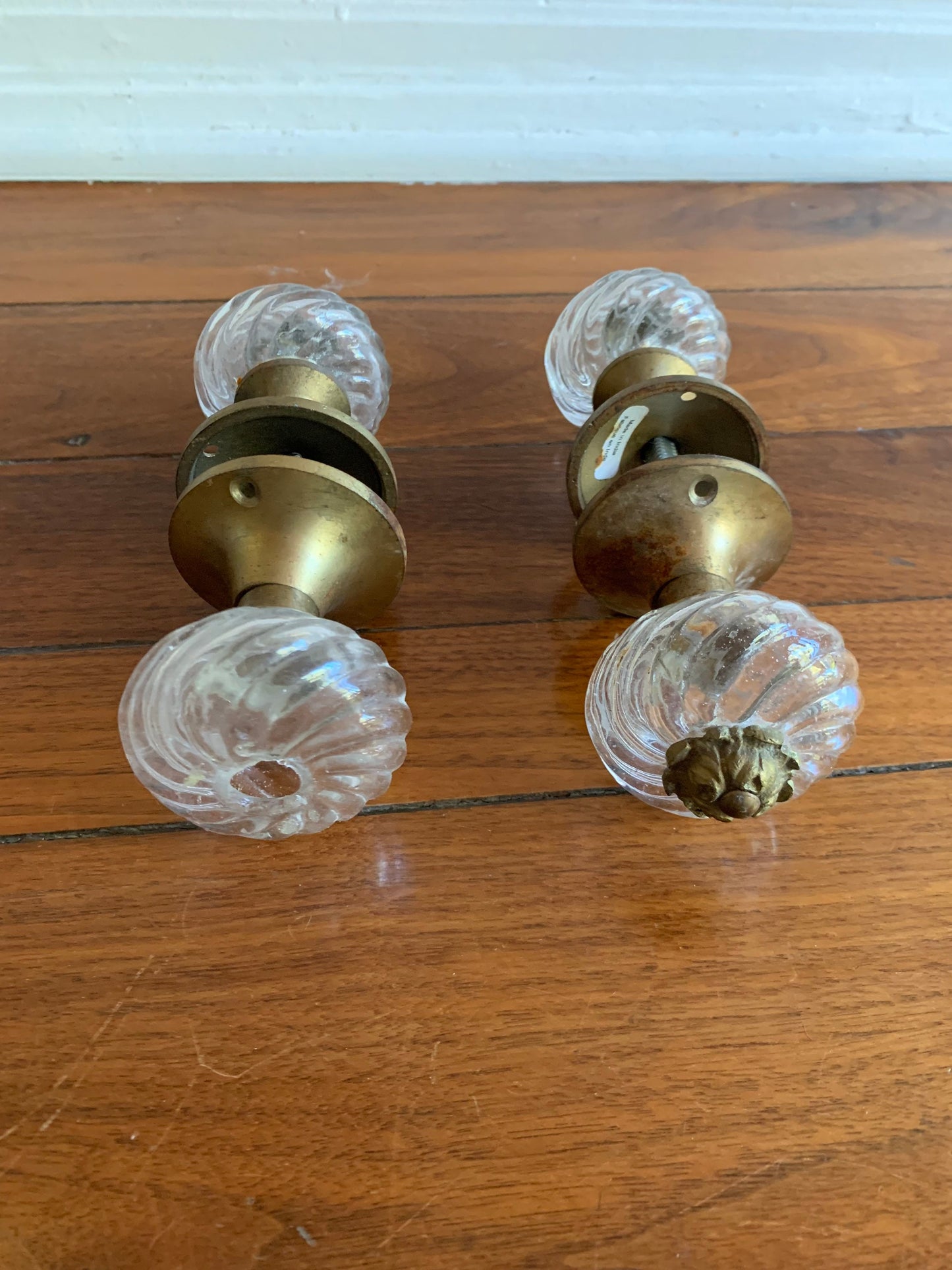 Art Deco Cut Glass and brass door handle set, pair