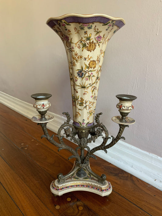 Vintage Brass and Porcelain 3 Candle Candelabra