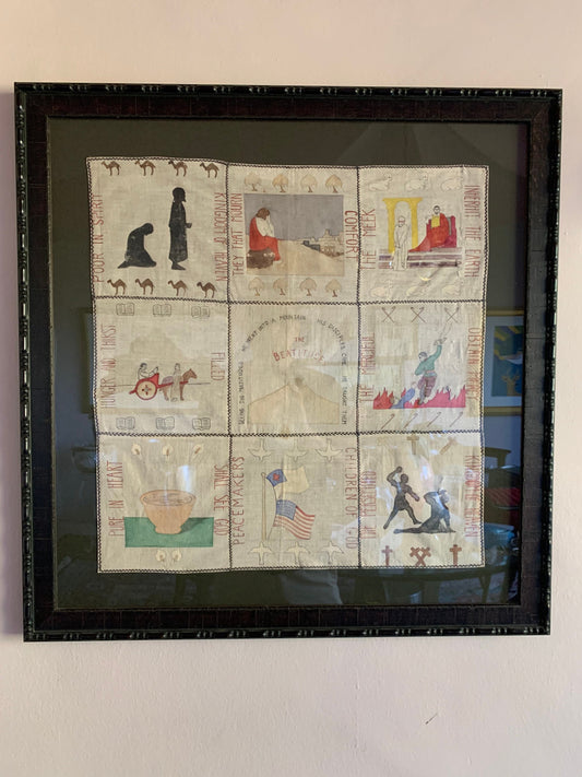 1920s prayer blanket in carved wood frame