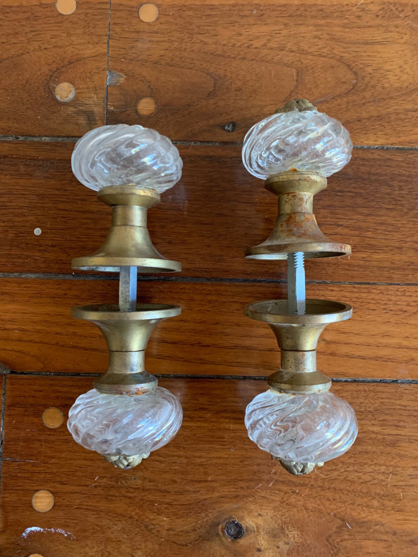 Art Deco Cut Glass and brass door handle set, pair
