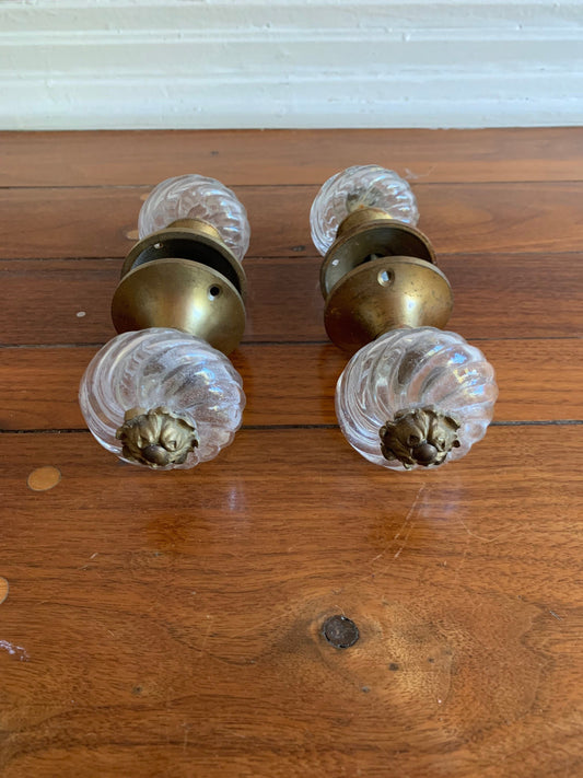Art Deco Cut Glass and brass door handle set, pair
