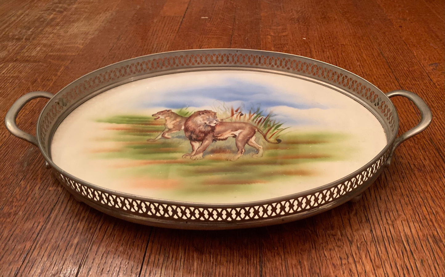 Vintage Oval Painted Porcelain Lion Tray