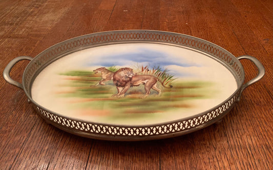 Vintage Oval Painted Porcelain Lion Tray