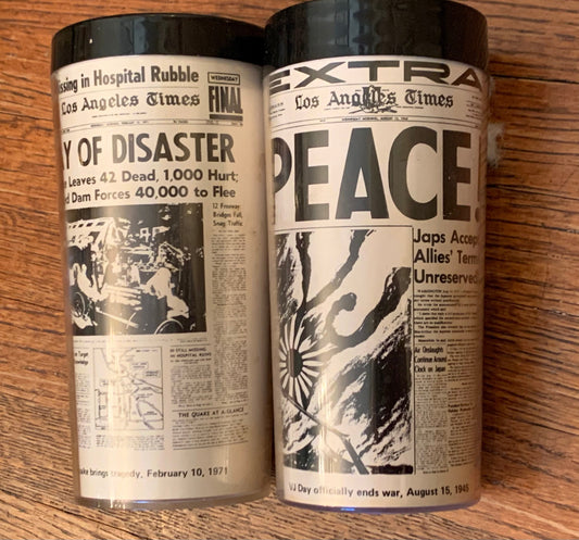 Old Newspaper Plastic Cups, Set of 2 - Peace and Disaster