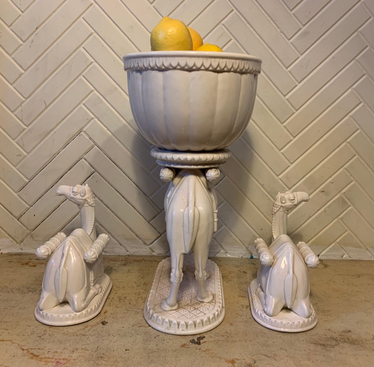 Vintage Japanese White Porcelain Cashpot Camel Set