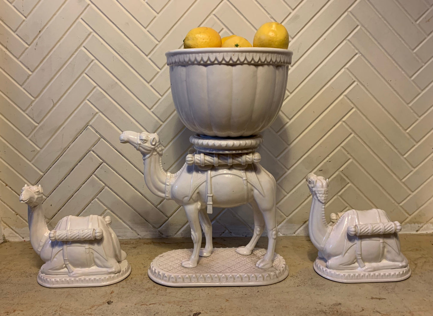 Vintage Japanese White Porcelain Cashpot Camel Set