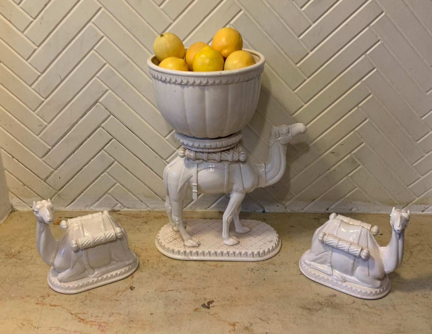 Vintage Japanese White Porcelain Cashpot Camel Set