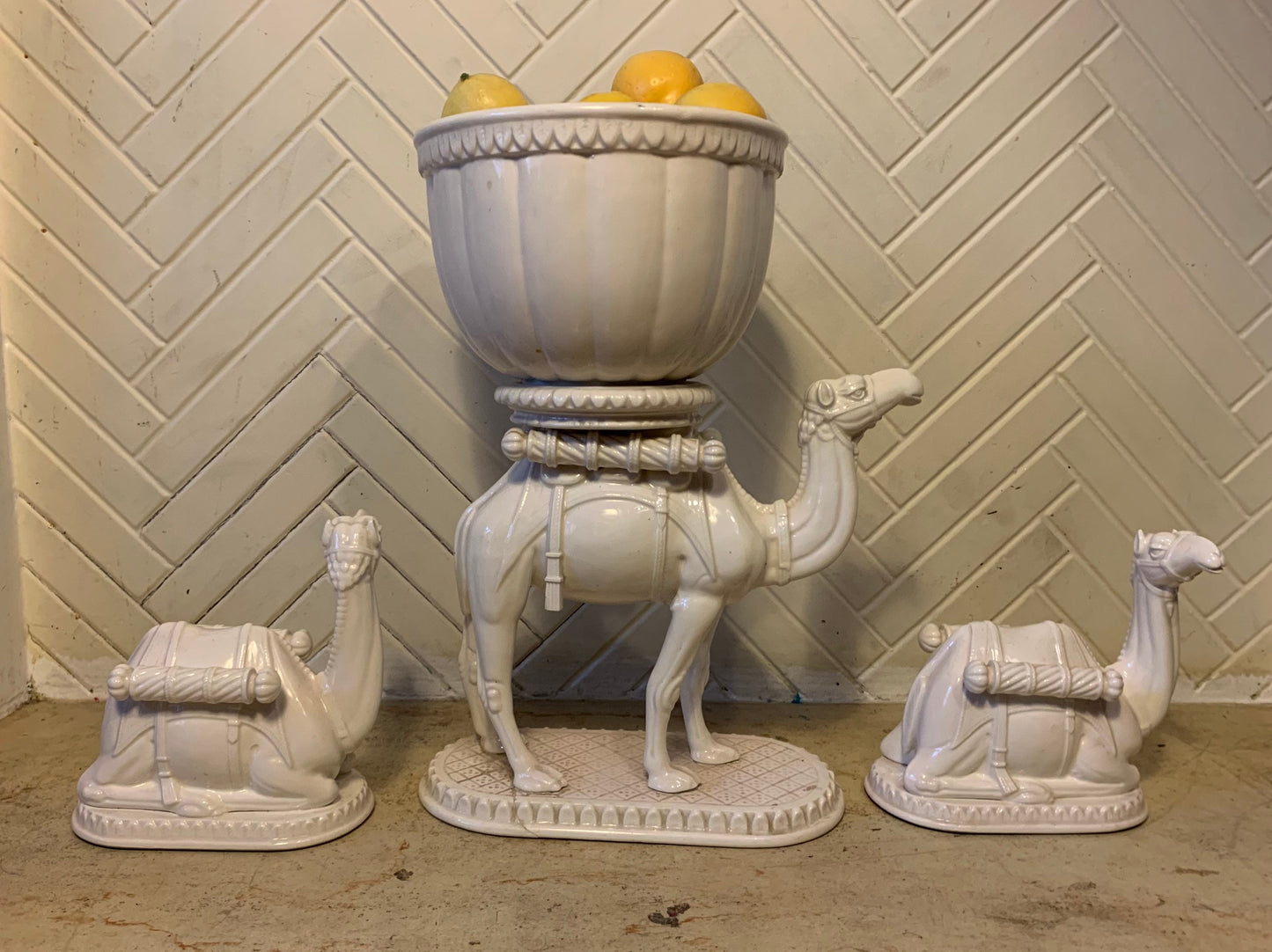 Vintage Japanese White Porcelain Cashpot Camel Set