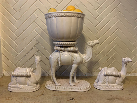 Vintage Japanese White Porcelain Cashpot Camel Set