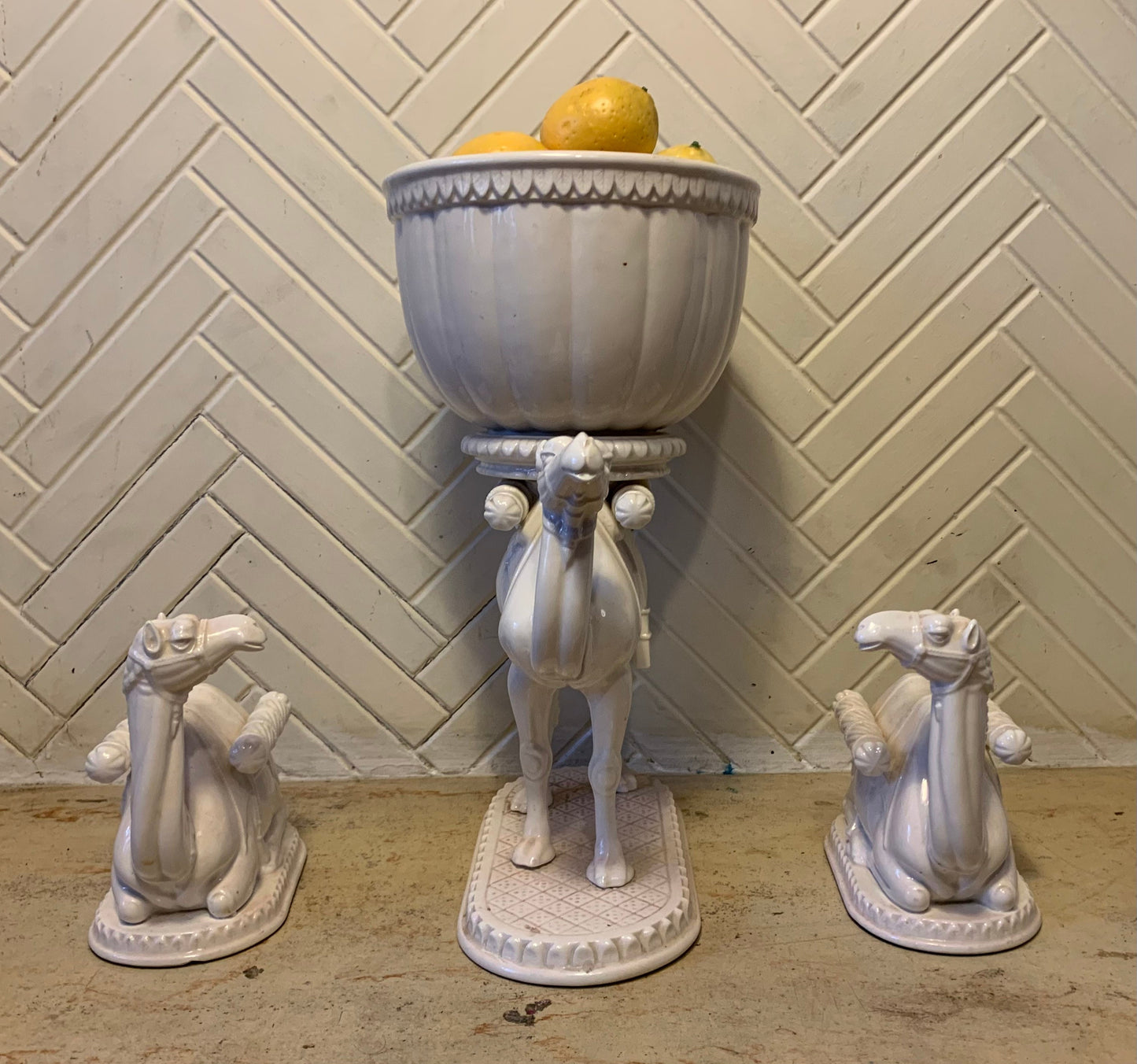 Vintage Japanese White Porcelain Cashpot Camel Set