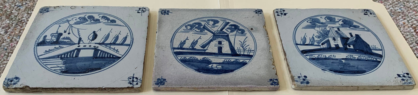 Vintage Handmade Delft Clay Tiles, set of 3