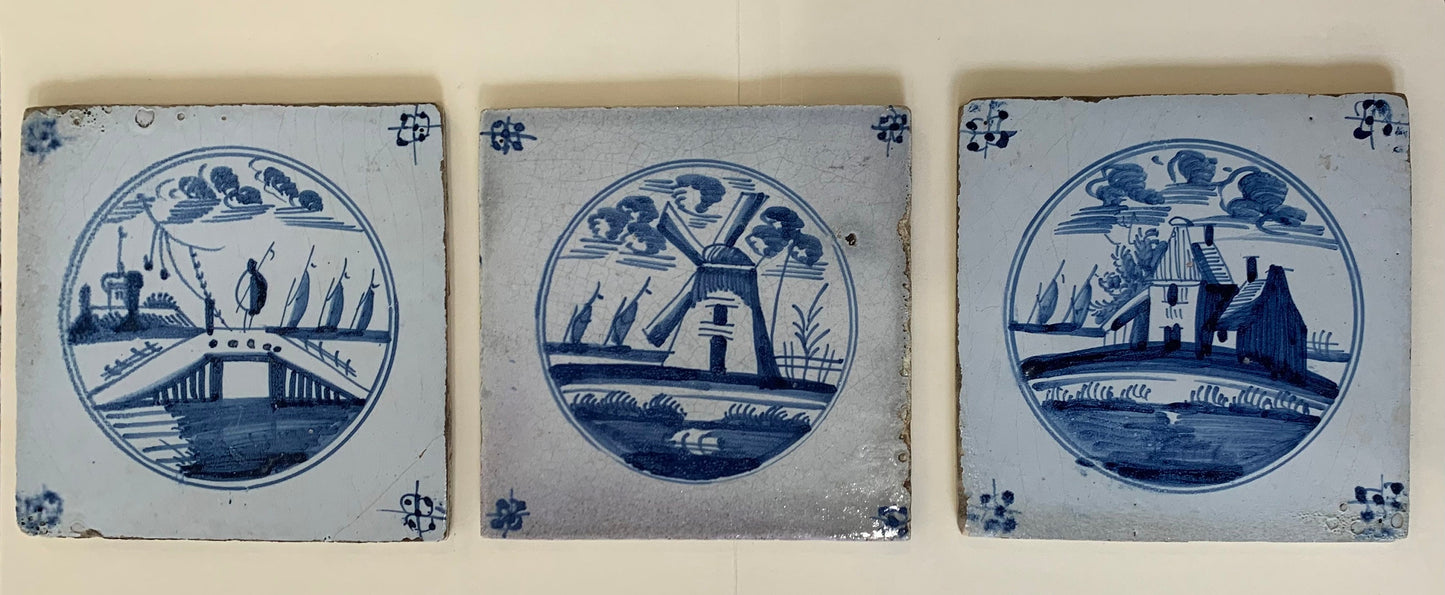 Vintage Handmade Delft Clay Tiles, set of 3