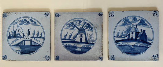 Vintage Handmade Delft Clay Tiles, set of 3