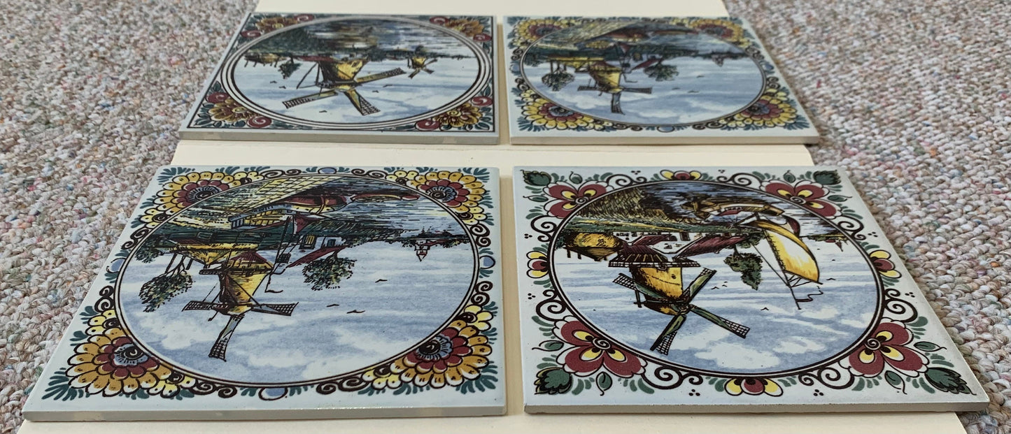 Vintage Handmade Makkam Dutch Clay Tiles, set of 4