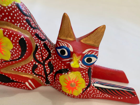 Vintage Mexican Painted Wood Cat Figurine
