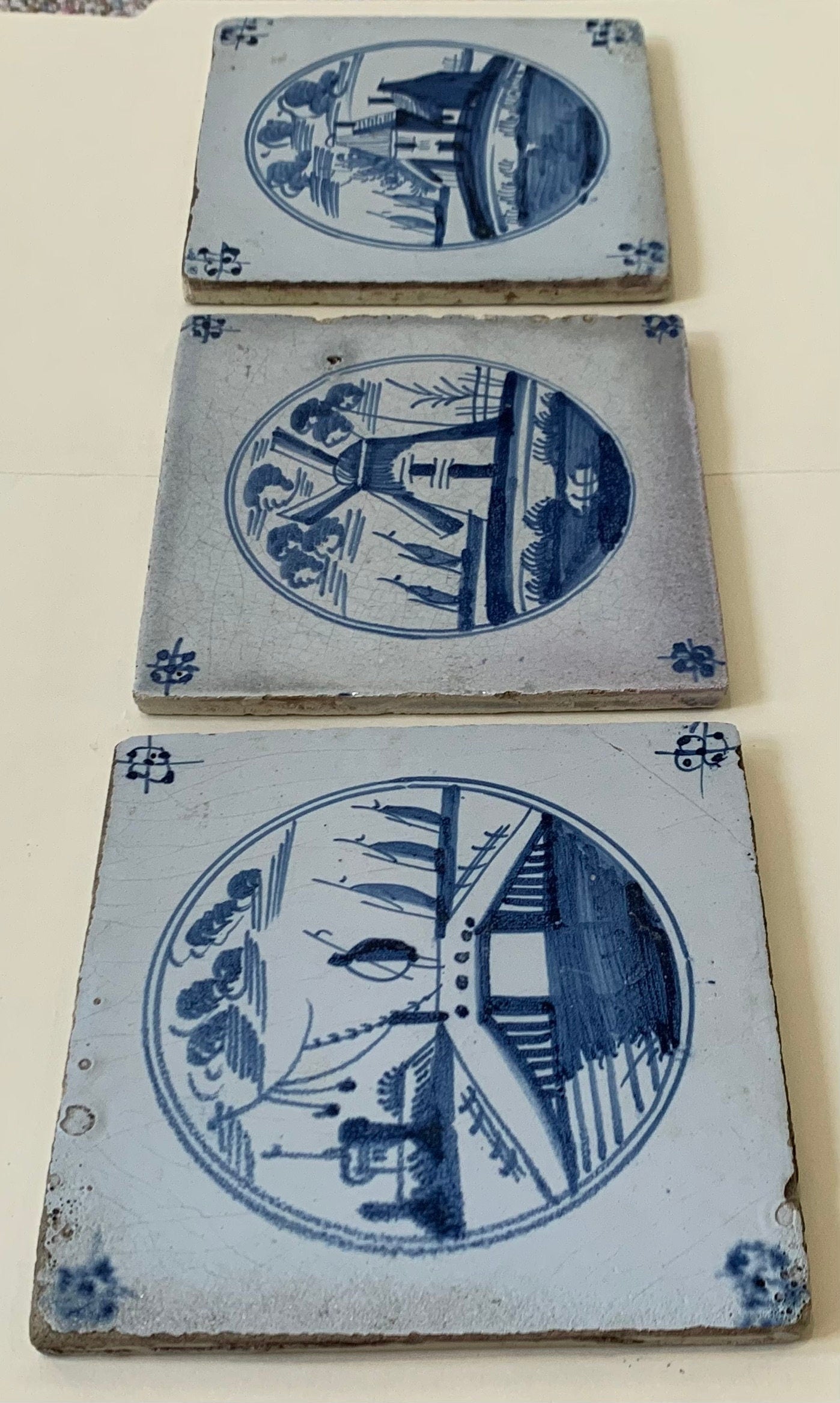 Vintage Handmade Delft Clay Tiles, set of 3