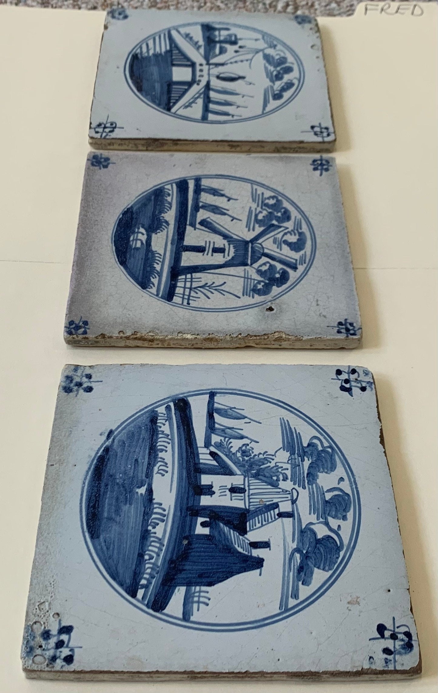 Vintage Handmade Delft Clay Tiles, set of 3