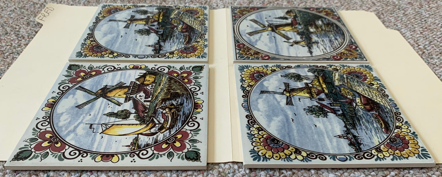 Vintage Handmade Makkam Dutch Clay Tiles, set of 4