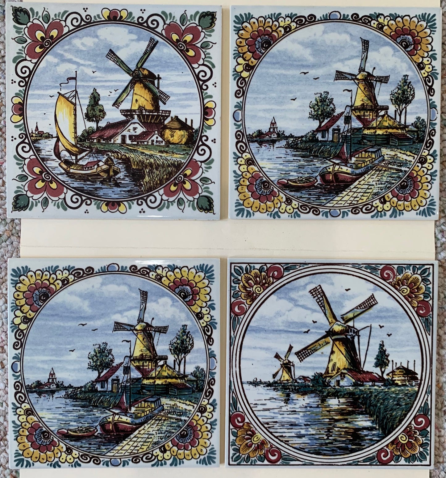 Vintage Handmade Makkam Dutch Clay Tiles, set of 4