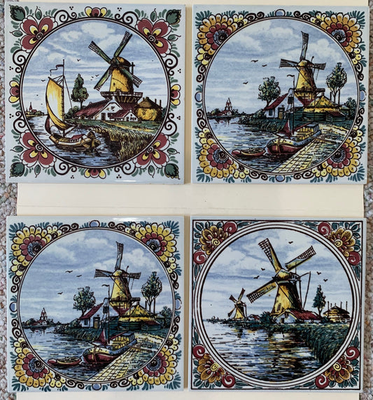 Vintage Handmade Makkam Dutch Clay Tiles, set of 4